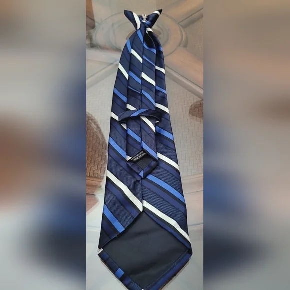 Clip on Tie Blue Black White Stripes - Picture 3 of 3